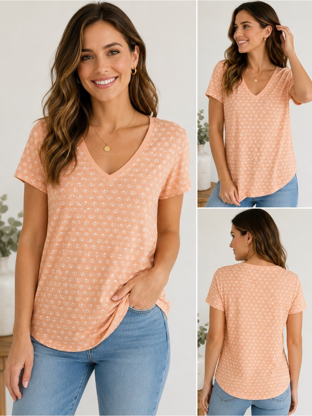 NWT Gap Peach Floral V-Neck Tee Women’s XL Soft Modal Blend T-Shirt